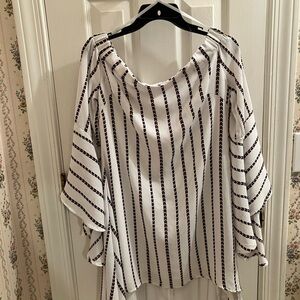 Runaway White Shoulder-less Dress With Red & Blue Chevrons